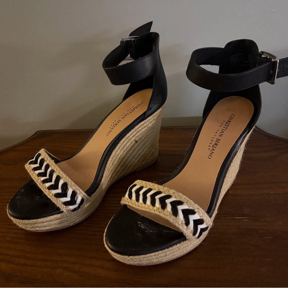 Christian Siriano Black and Cream Wedge Sandals